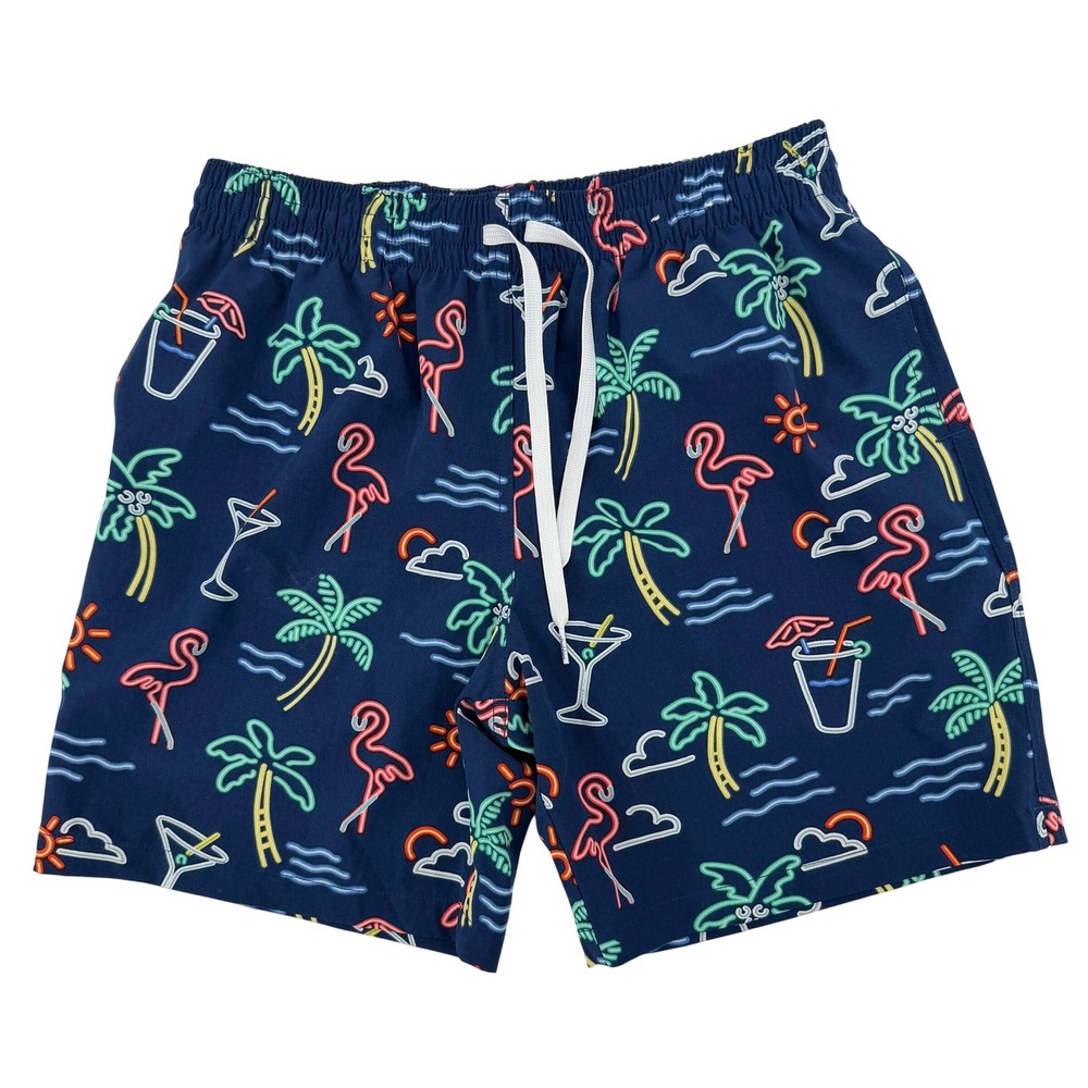 Chubbies Mens 7" Inseam Swim Trunks Navy Neon Palm Tree Flamingo Print Medium
